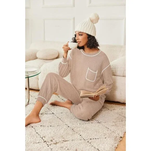 Women Cream Pajamas Set Waffle Knit Long Sleeve Lounge Set 2 Piece Pj Loungewear